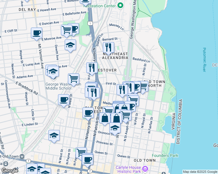 map of restaurants, bars, coffee shops, grocery stores, and more near 928 North Alfred Street in Alexandria