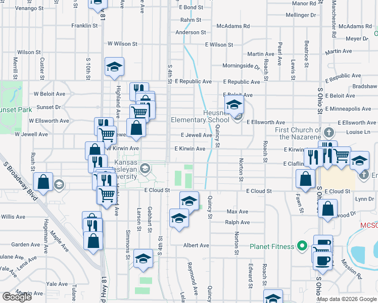 map of restaurants, bars, coffee shops, grocery stores, and more near 1500 Osborne Street in Salina