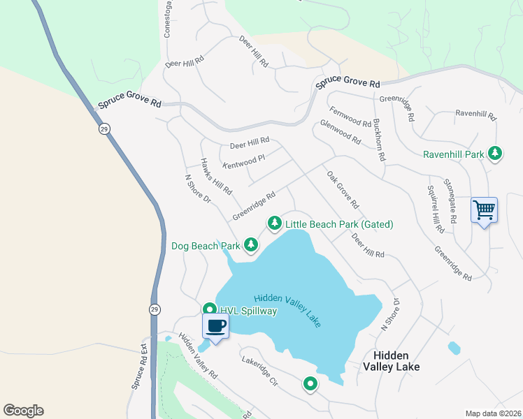 map of restaurants, bars, coffee shops, grocery stores, and more near 17682 Greenridge Road in Hidden Valley Lake