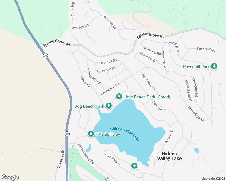 map of restaurants, bars, coffee shops, grocery stores, and more near 17682 Greenridge Road in Hidden Valley Lake