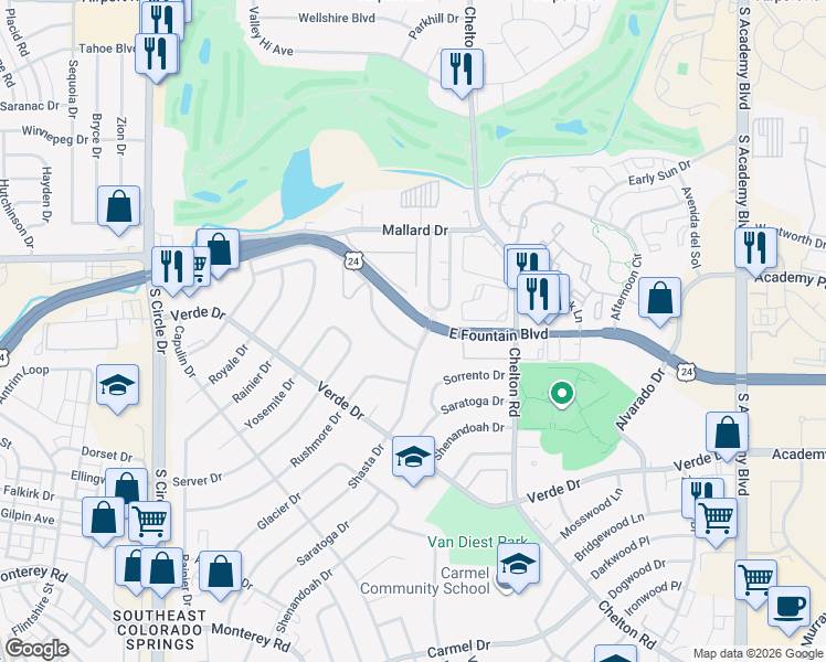 map of restaurants, bars, coffee shops, grocery stores, and more near in Colorado Springs