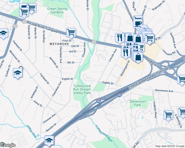 map of restaurants, bars, coffee shops, grocery stores, and more near 6313 Seventh Street in Alexandria