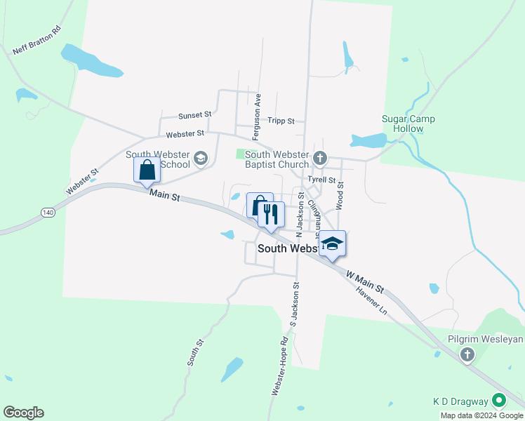 map of restaurants, bars, coffee shops, grocery stores, and more near 73 Dodds Street in South Webster