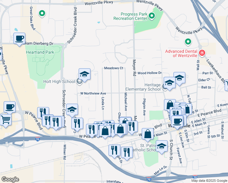 map of restaurants, bars, coffee shops, grocery stores, and more near 603A Kent Drive in Wentzville