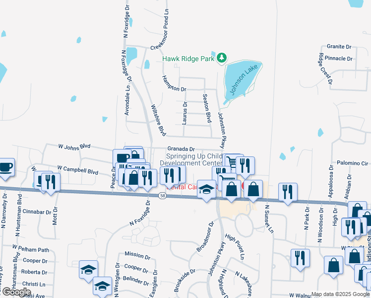 map of restaurants, bars, coffee shops, grocery stores, and more near 1108 Granada Drive in Raymore