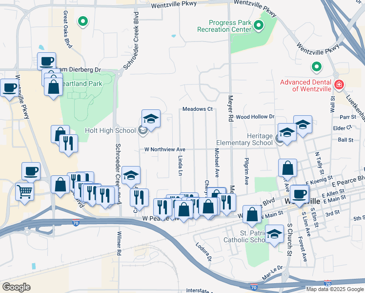 map of restaurants, bars, coffee shops, grocery stores, and more near 799 West Northview Avenue in Wentzville