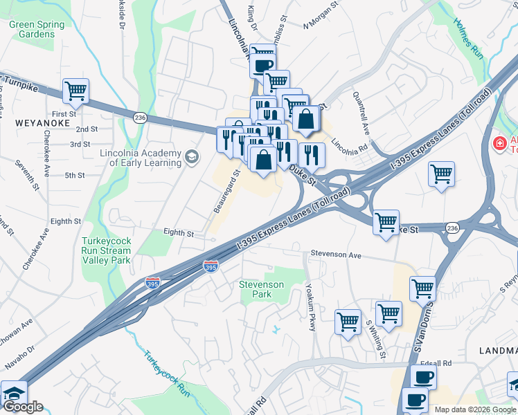 map of restaurants, bars, coffee shops, grocery stores, and more near 85 South Bragg Street in Alexandria