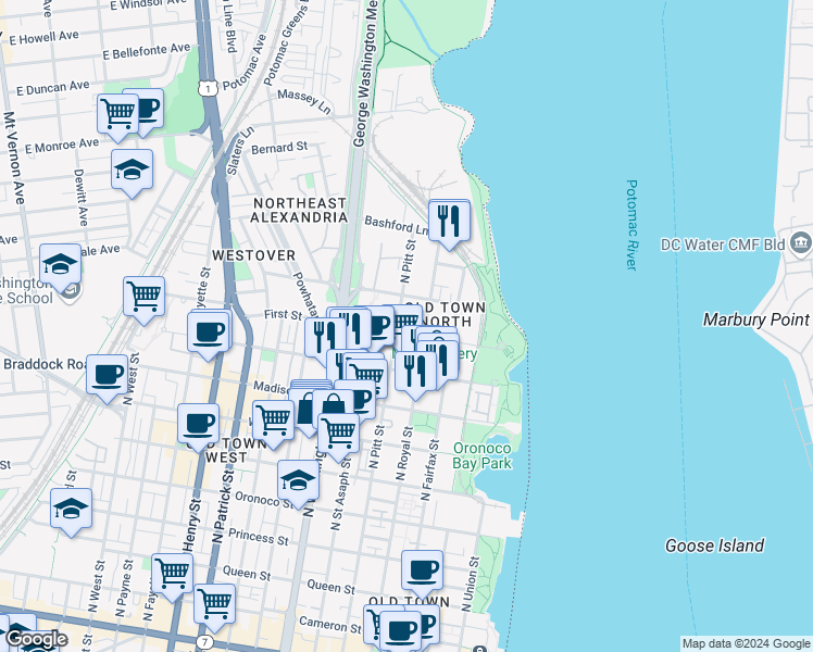 map of restaurants, bars, coffee shops, grocery stores, and more near 1019 North Pitt Street in Alexandria