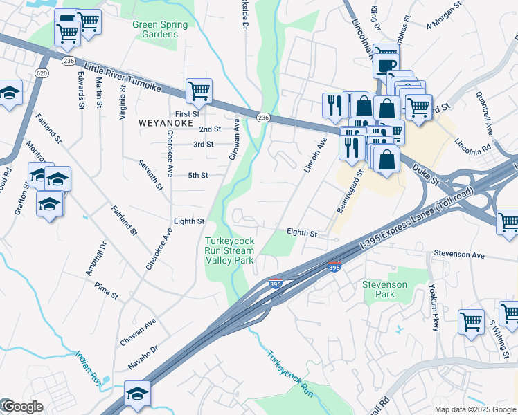 map of restaurants, bars, coffee shops, grocery stores, and more near 6313 Seventh Street in Alexandria