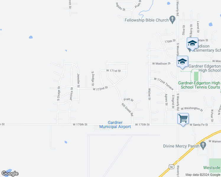 map of restaurants, bars, coffee shops, grocery stores, and more near 31943 West 172nd Street in Gardner