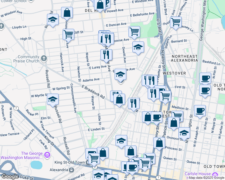 map of restaurants, bars, coffee shops, grocery stores, and more near 905 Mount Vernon Avenue in Alexandria