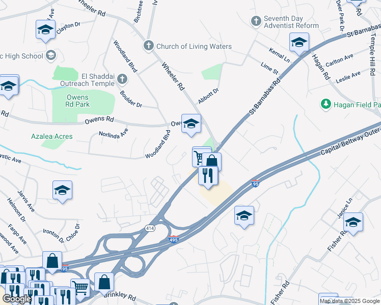 map of restaurants, bars, coffee shops, grocery stores, and more near 2439 East Rosecroft Village Circle in Oxon Hill