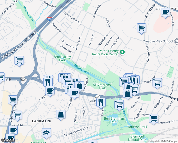 map of restaurants, bars, coffee shops, grocery stores, and more near Holmes Run Trail in Alexandria