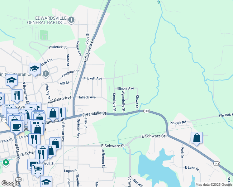 map of restaurants, bars, coffee shops, grocery stores, and more near 228 Seminole Street in Edwardsville