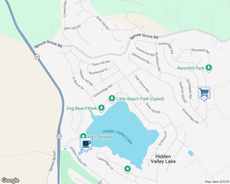 map of restaurants, bars, coffee shops, grocery stores, and more near 17634 Greenridge Road in Hidden Valley Lake