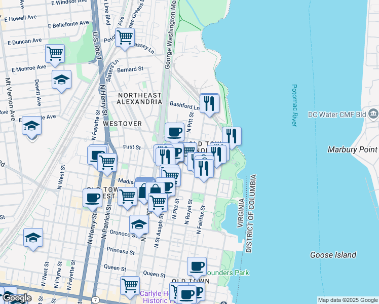map of restaurants, bars, coffee shops, grocery stores, and more near 1019 North Pitt Street in Alexandria