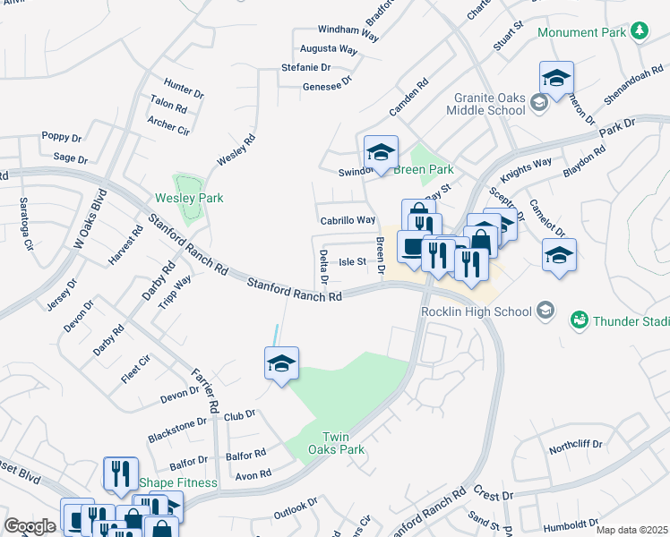 map of restaurants, bars, coffee shops, grocery stores, and more near 5319 Delta Drive in Rocklin