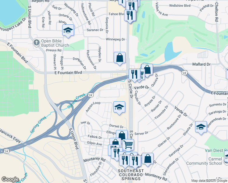 map of restaurants, bars, coffee shops, grocery stores, and more near 2615 Verde Drive in Colorado Springs