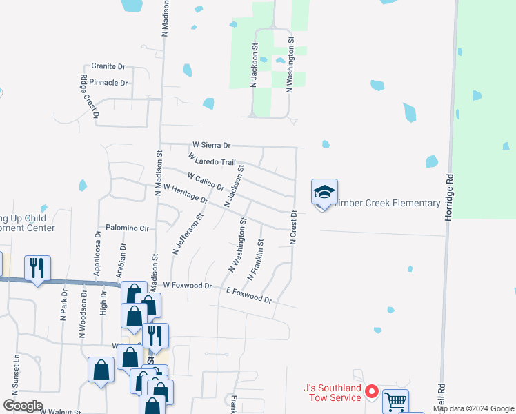 map of restaurants, bars, coffee shops, grocery stores, and more near 109 East Calico Drive in Raymore