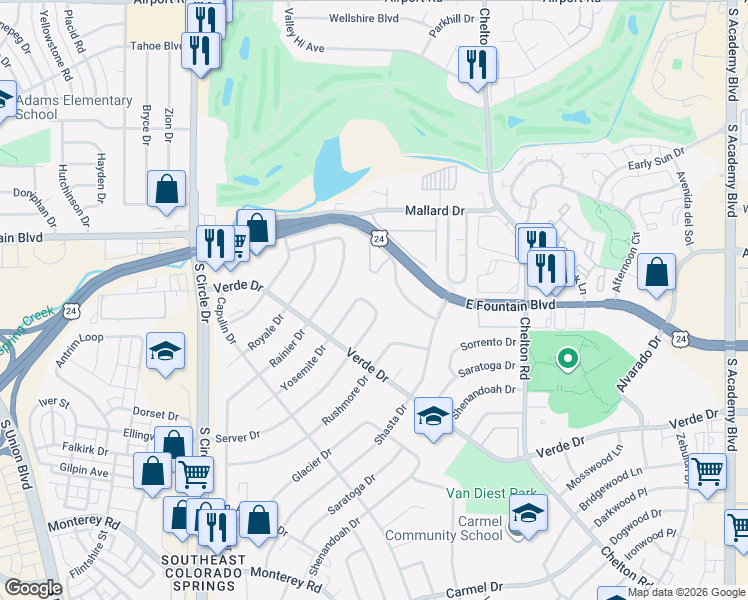 map of restaurants, bars, coffee shops, grocery stores, and more near 1107 Server Drive in Colorado Springs