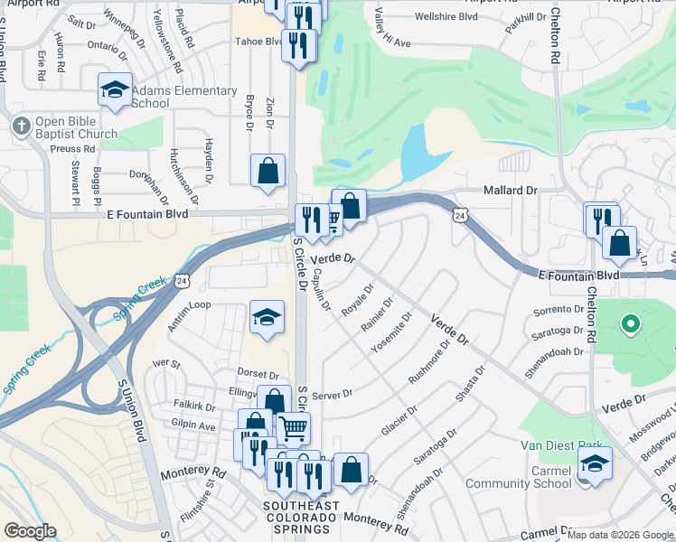 map of restaurants, bars, coffee shops, grocery stores, and more near 1123 Verde Drive in Colorado Springs