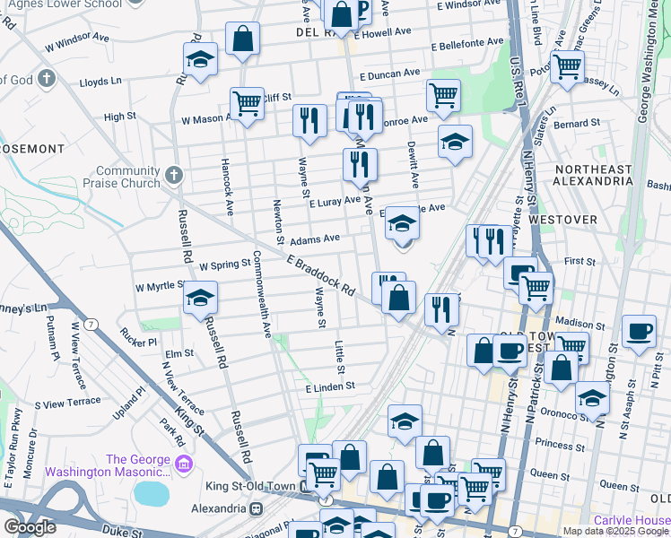 map of restaurants, bars, coffee shops, grocery stores, and more near 900 Little Street in Alexandria