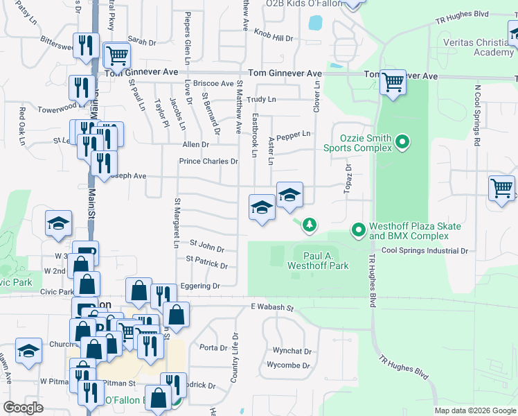 map of restaurants, bars, coffee shops, grocery stores, and more near 406 Eastbrook Lane in O'Fallon