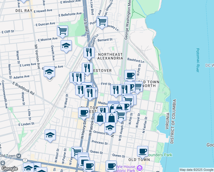 map of restaurants, bars, coffee shops, grocery stores, and more near 935 North Alfred Street in Alexandria
