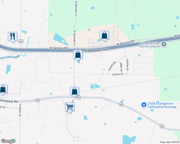 map of restaurants, bars, coffee shops, grocery stores, and more near 545 Austin Drive in Warrenton