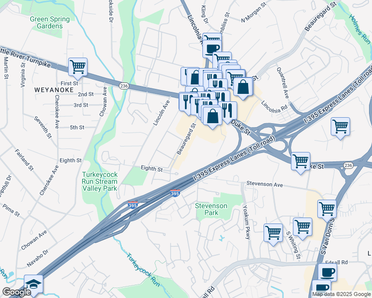 map of restaurants, bars, coffee shops, grocery stores, and more near 4908 Beauregard Street in Lincolnia