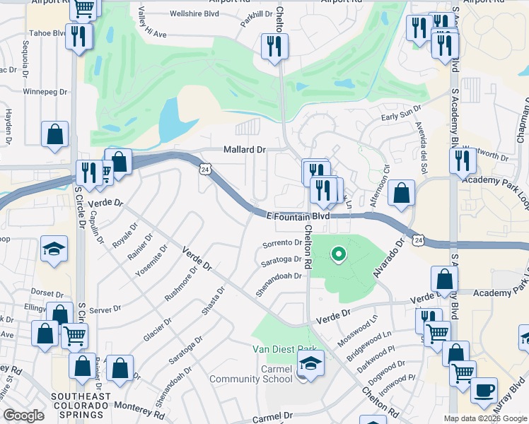 map of restaurants, bars, coffee shops, grocery stores, and more near 4046 Whittier Drive in Colorado Springs