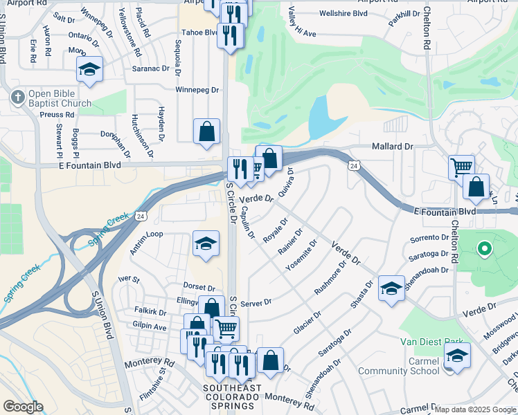 map of restaurants, bars, coffee shops, grocery stores, and more near 1127 Verde Drive in Colorado Springs