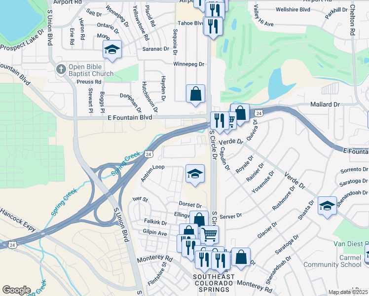 map of restaurants, bars, coffee shops, grocery stores, and more near 2615 Verde Drive in Colorado Springs