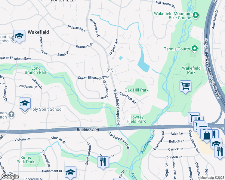 map of restaurants, bars, coffee shops, grocery stores, and more near 4920 Wakefield Chapel Road in Annandale