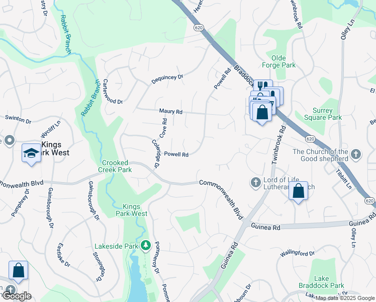 map of restaurants, bars, coffee shops, grocery stores, and more near 5013 Pylers Mill Court in Fairfax