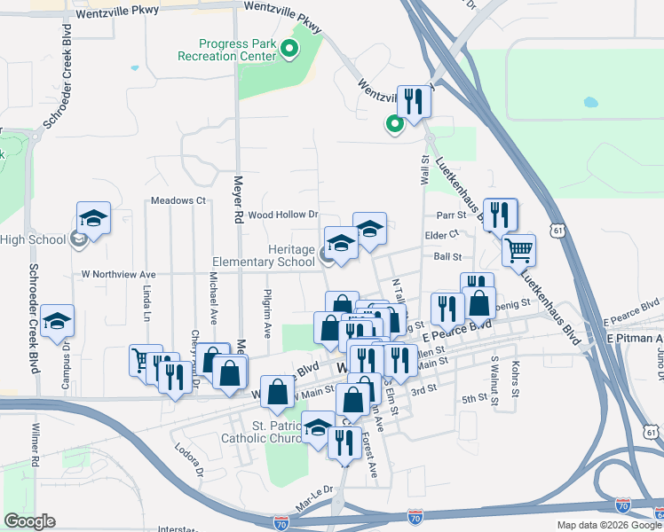 map of restaurants, bars, coffee shops, grocery stores, and more near in Wentzville