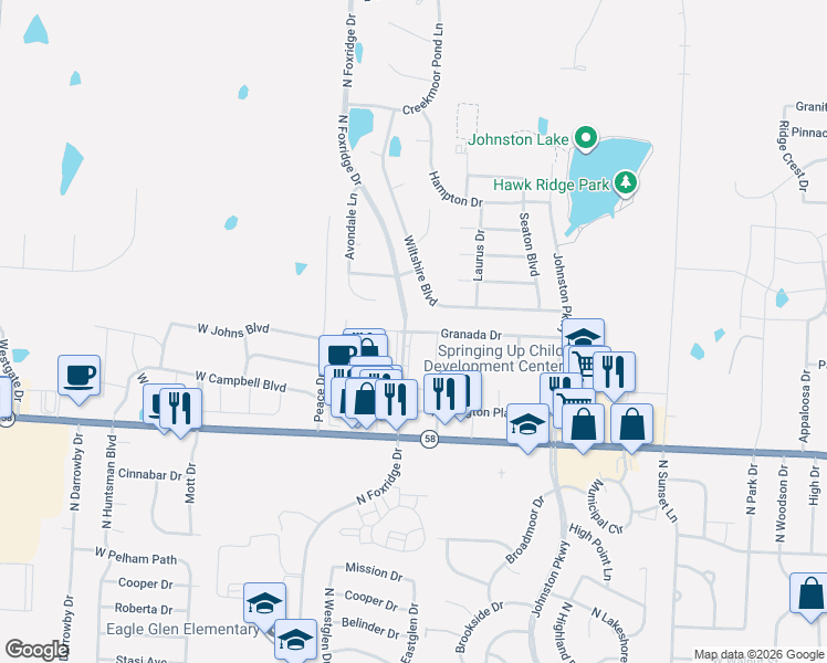 map of restaurants, bars, coffee shops, grocery stores, and more near 1210 Granada Drive in Raymore