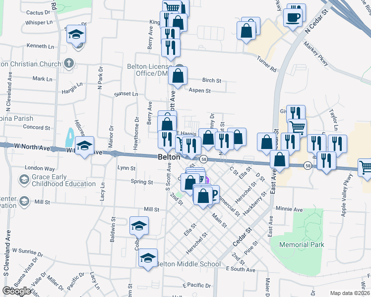 map of restaurants, bars, coffee shops, grocery stores, and more near 138 East North Avenue in Belton