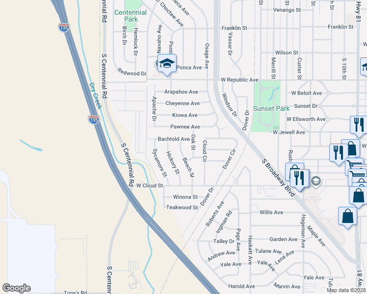 map of restaurants, bars, coffee shops, grocery stores, and more near 1420 Oak Street in Salina