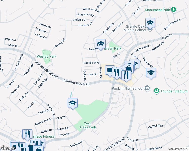 map of restaurants, bars, coffee shops, grocery stores, and more near 2820 Isle Street in Rocklin