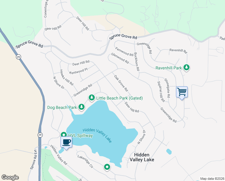 map of restaurants, bars, coffee shops, grocery stores, and more near 18674 Deer Hill Road in Hidden Valley Lake
