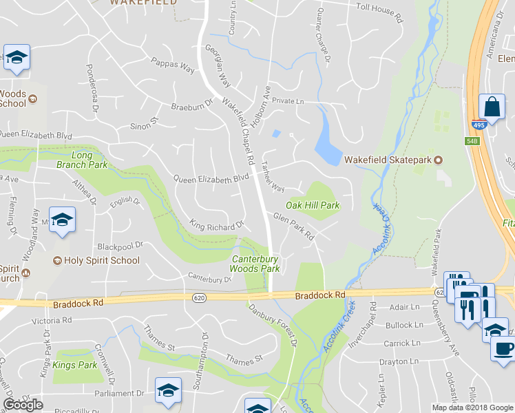 map of restaurants, bars, coffee shops, grocery stores, and more near 4920 Wakefield Chapel Road in Annandale