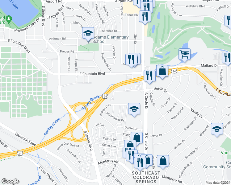 map of restaurants, bars, coffee shops, grocery stores, and more near 2455 Verde Drive in Colorado Springs