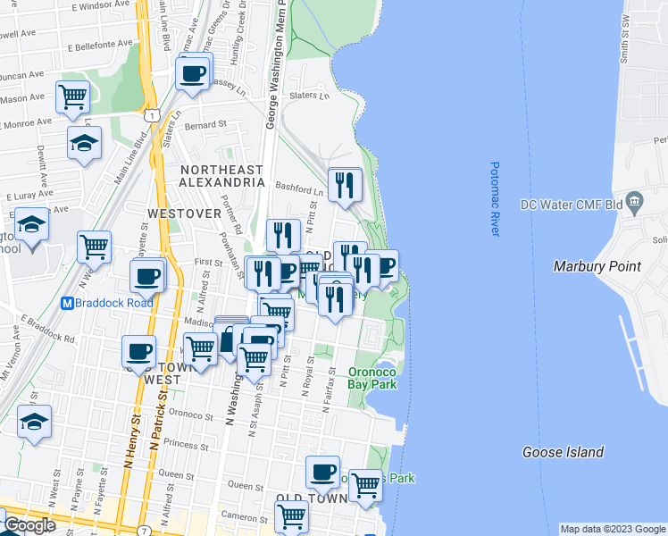 map of restaurants, bars, coffee shops, grocery stores, and more near 1023 North Royal Street in Alexandria