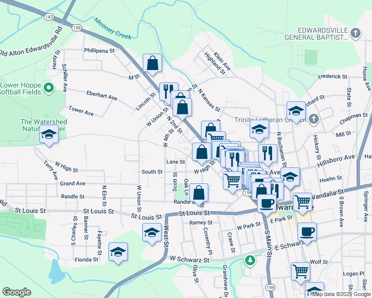 map of restaurants, bars, coffee shops, grocery stores, and more near 205 West Dunn Street in Edwardsville