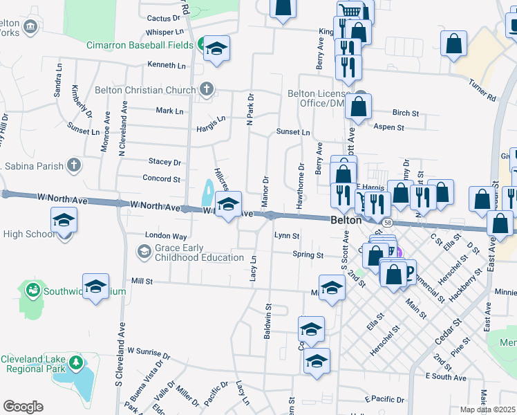 map of restaurants, bars, coffee shops, grocery stores, and more near 100 Manor Dr in Belton