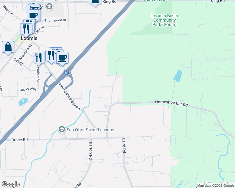 map of restaurants, bars, coffee shops, grocery stores, and more near 3863 Oak Tree Lane in Loomis