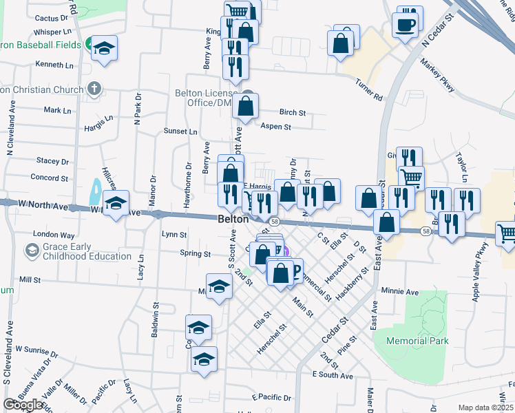 map of restaurants, bars, coffee shops, grocery stores, and more near 138 East North Avenue in Belton