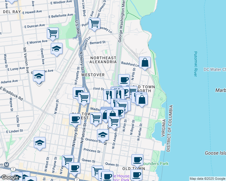 map of restaurants, bars, coffee shops, grocery stores, and more near 952 North Washington Street in Alexandria