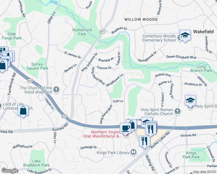 map of restaurants, bars, coffee shops, grocery stores, and more near 9123 Windflower Lane in Annandale